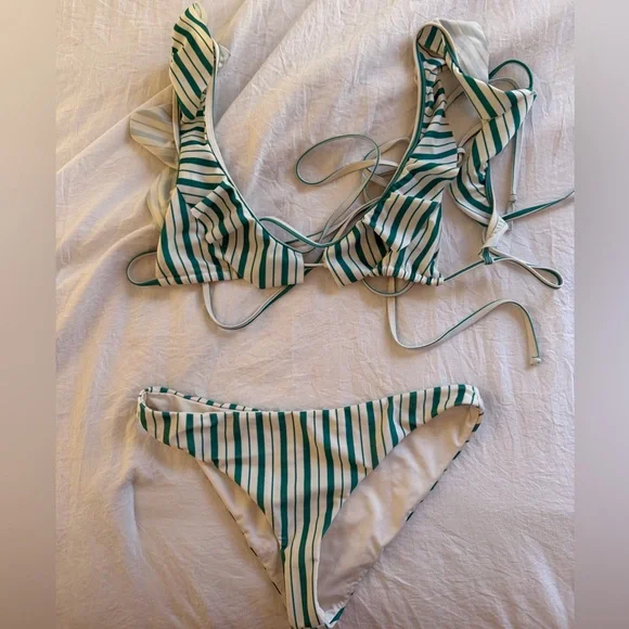 Lovers + Friends Green and White Striped Ruffle Tie Bikini - Picture 5 of 8